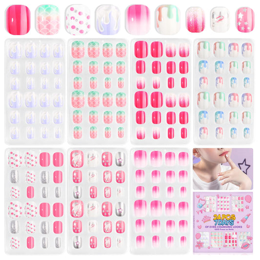 Saviland Kids Press on Nails - 168Pcs 7 Days Matching Press on Nails for Kids Full Cover Short False Nails Pre-glued Stickers for Colors & Patterns Nail Art Christmas Gifts for 8-12 Year Old Girls