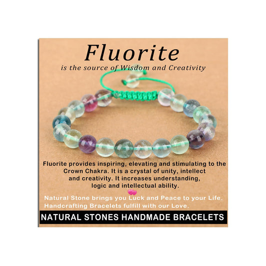 8mm Fluorite Bracelet - Stone of is the source of Wisdom and Creativity - Handmade Natural Stone Crystal Bracelet with Adjustable Macrame String - Yoga Healing Power Energy Gifts for Men and Women