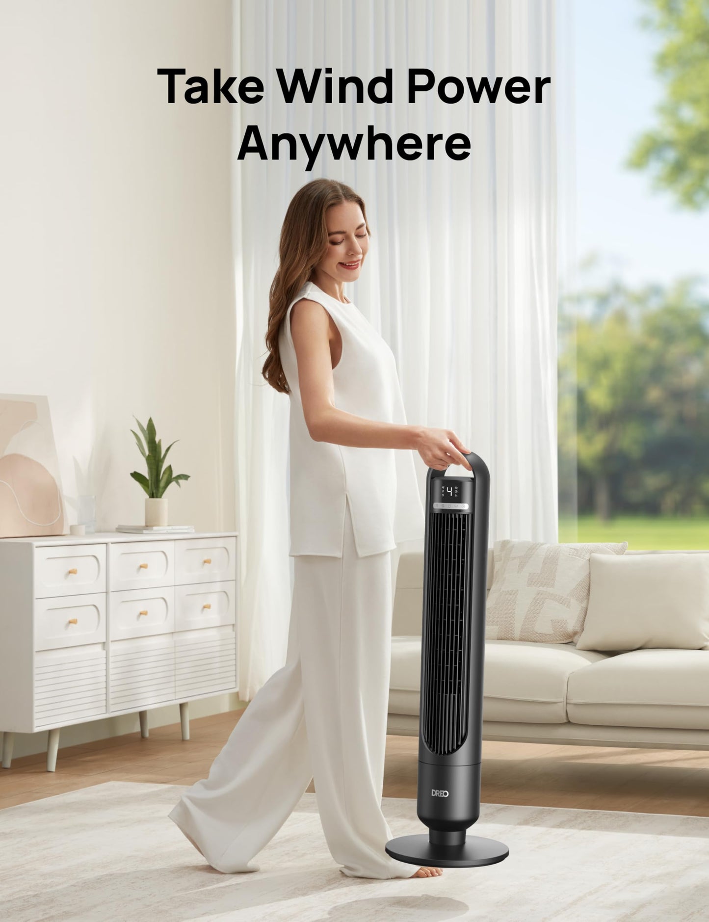 DREO Tower Fan for Bedroom, 90° Oscillating Standing Fans for Room with 4 Speeds, 3 Modes, 28dB Quiet for Sleep, 26ft/s Velocity, 8H Timer, Remote, Living Room, Office, Home, Black
