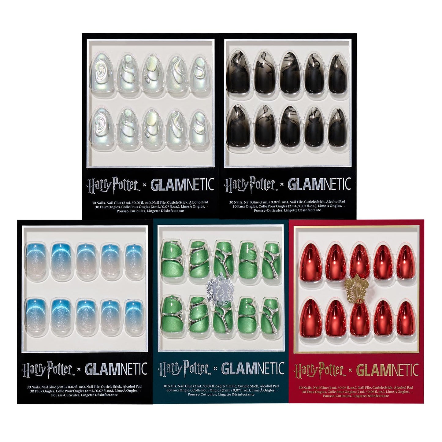 Harry Potter™ x Glamnetic Press-On Nails Bundle - Unicorn Blood, Dementor™, Lumos, Salazar Slytherin™ & Godric Gryffindor™ | Short Almond Fake Nails with Silver Chrome & 3D Swirl Design | Medium Almon