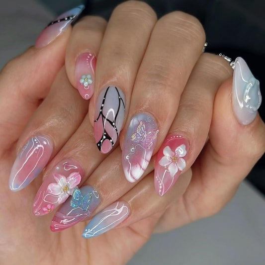 Short Press on Nails Almond Fake Nails Ombre False Nails Cute Artificial Nails with 3D Flora and Butterfly Designs Acrylic Nail Press ons Pink Flowers Stick on Nails for Women 24pcs