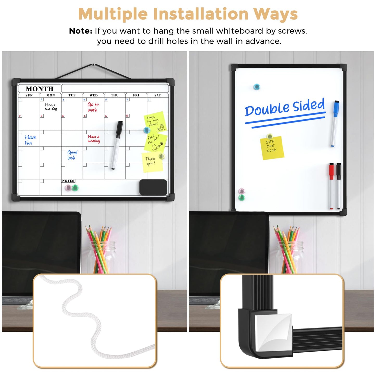 MaxGear Monthly Calendar Dry Erase Board for Wall, 16"x12" Small Hanging Double-Sided White Board, Portable Whiteboard for Planning, Drawing, Memo, to Do List, School, Home, Office, Black Frame