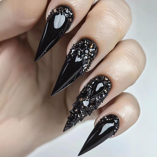 RUOKEXIN Long Almond Press on Nails French Tip Fake Nails Black False Nails with Rhinestones Designs Stiletto Nail Press ons Sparkly Artificial Nails for Women 24Pcs