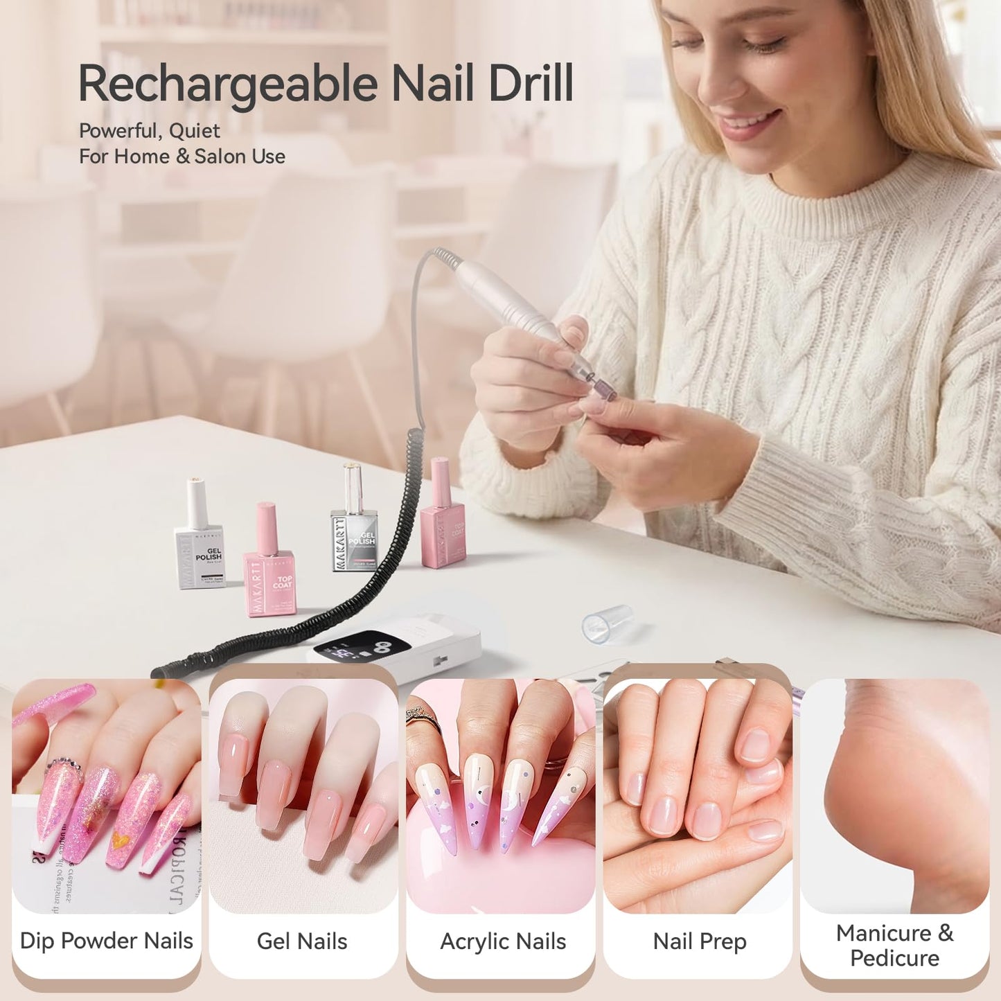Makartt Rechargeable Electric Nail Drill: 35000 RPM Nail Drill File with Storage Stand for Acrylic Gel Polishing Removing LED Display,Cordless Efile with Bits Kit for Manicure Beginner Home (White)