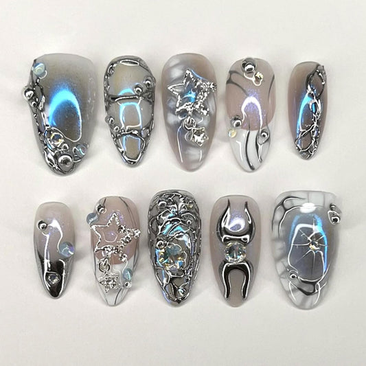 Gothic Chrome Press On Nails with Charms Medium Almond Fake Nails with French Silver 3D Star Art Tip lrregular Designs Handmade Goth Y2K False Nail Stick On Nails for Women 24Pcs