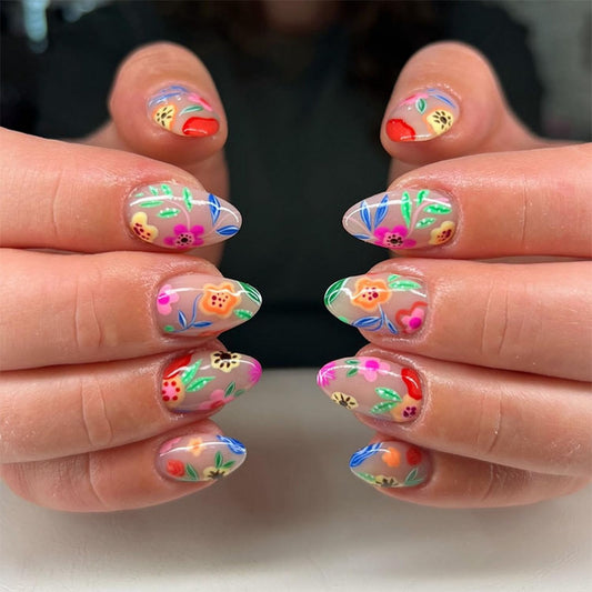 Almond Press on Nails Summer Fake Nails with Colorful Floral designs Acrylic Artificial Nail Full Cover Medium Length Stick on Nail Cute False Nails Reusable Glue on Nails for Women Spring 24pcs