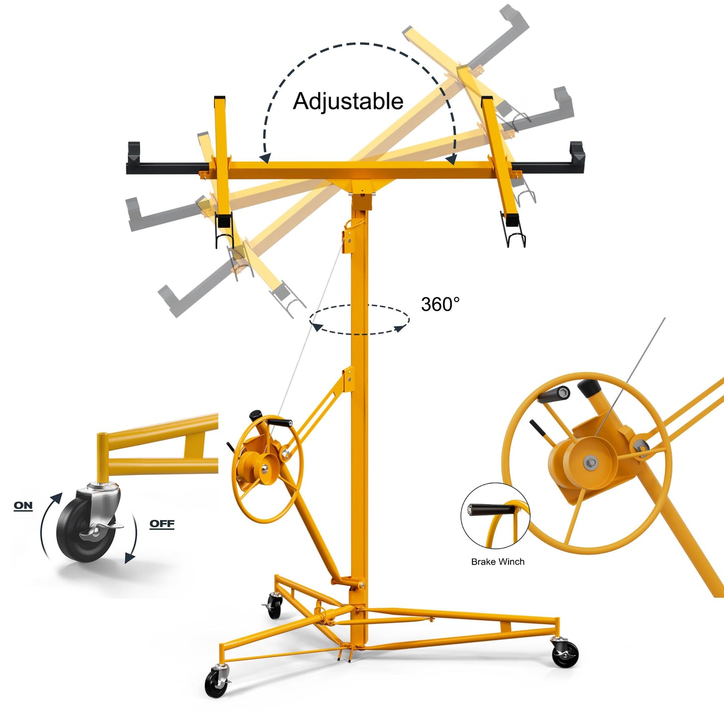 11 ft Drywall Lift,Drywall Rolling Lifter Panel,150 LBS Heavy Duty Sheetrock Lift Drywall Lift,Drywall Lift Panel Hoist Jack with 360° Adjustable Telescopic Arm & 3 Lockable Wheels (11 ft Yellow)
