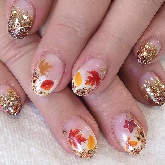 HOSAILY Fall Press-on Nails Extra Short Oval, White Ombre Gradient Base with Red Maple Leaf & Gold Glitter Design, 24pcs Autumn Cute Full Cover Stick on Acrylic Fake Nails with Glue Women Daily Wear