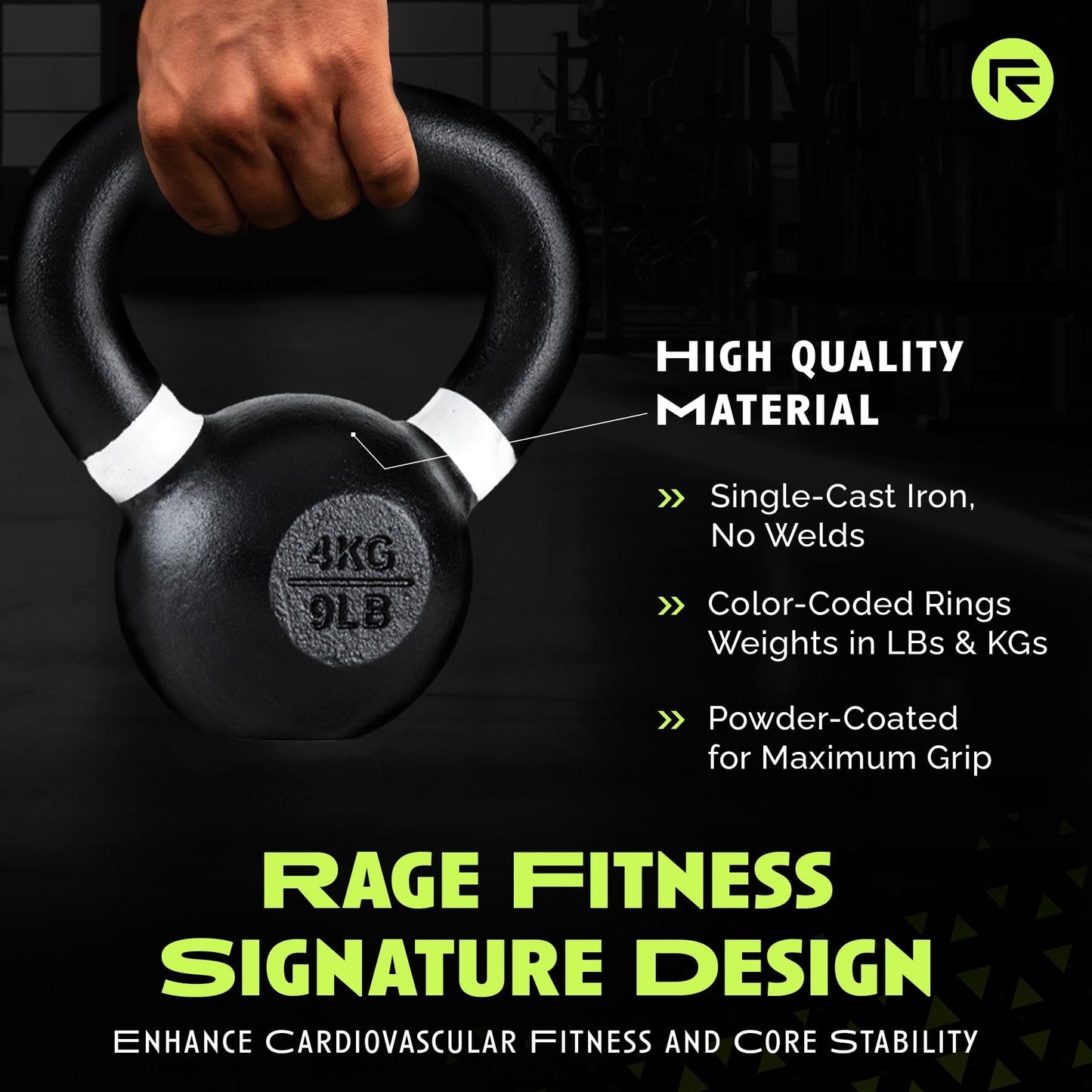 Rage Fitness 4 kg/8.8 lbs Kettlebells, Single-cast Iron, No-welded Joints, Wide Handle, Strength Training Kettlebells, Cast Iron Kettlebell Set, Powder Coated Kettlebell Weights For Maximum Durability, Men & Women