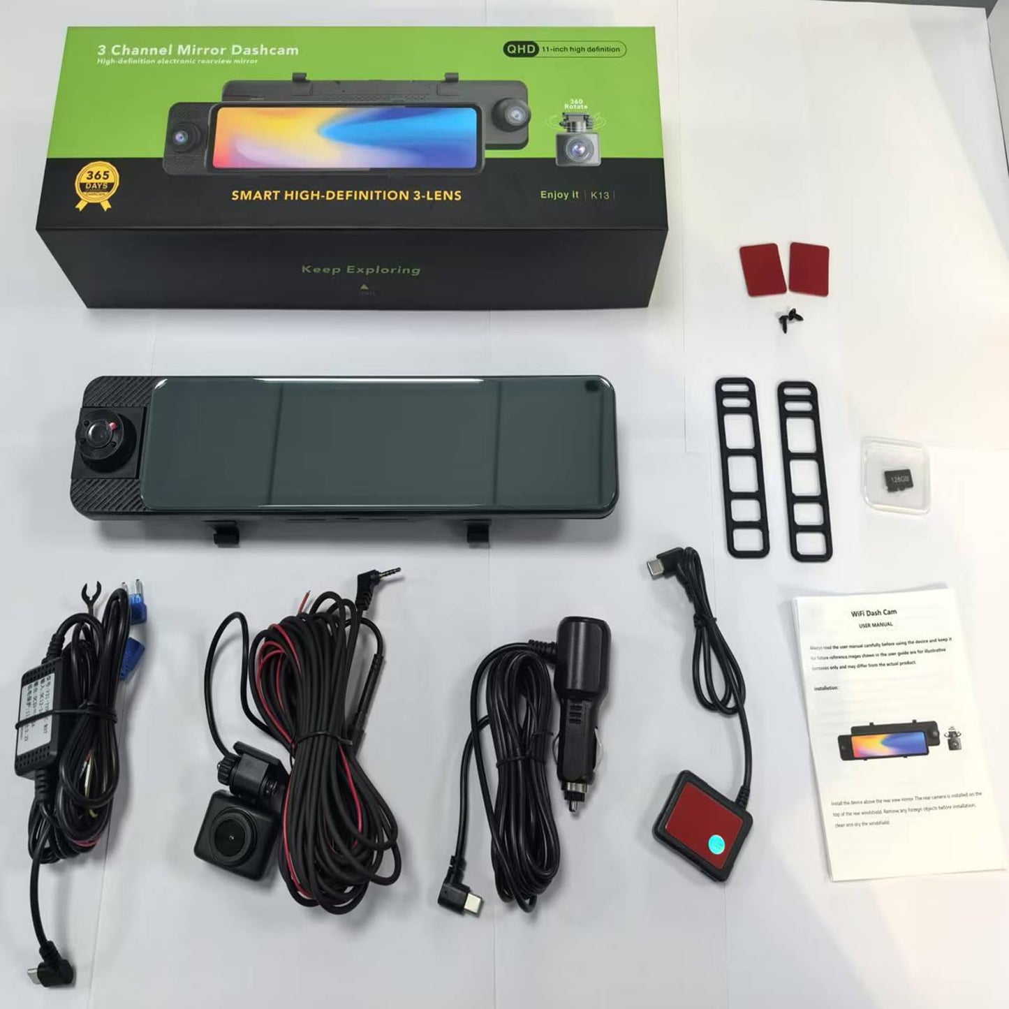 3 Channel Rear View Mirror Camera, 4K+1080P+1080P Front Inside and Rear Car Camera, 12" Touch Screen Backup Camera with 5GHz WiFi GPS, 24H Parking Mode, HDR Night Vision, G Sensor, Free 128G Card