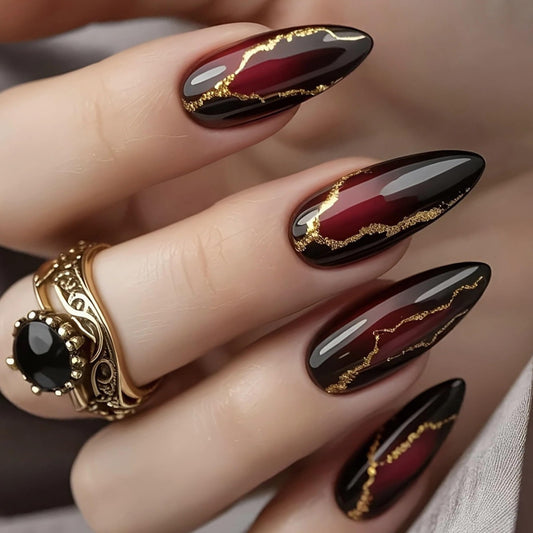 MERVF Press on Nails Medium Almond, Black Fake Nails Red Gradient Glue ons Gold Glitter Lines Design Goth Acrylic Nail Glossy 24pcs
