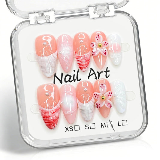 10 Pcs Handmade Press on Nails Medium Almond Fake Nails with 3D Flower French Tip Design White Acrylic False Nails Medium Almond Press Ons Nails M Size for Women Summer Manicure