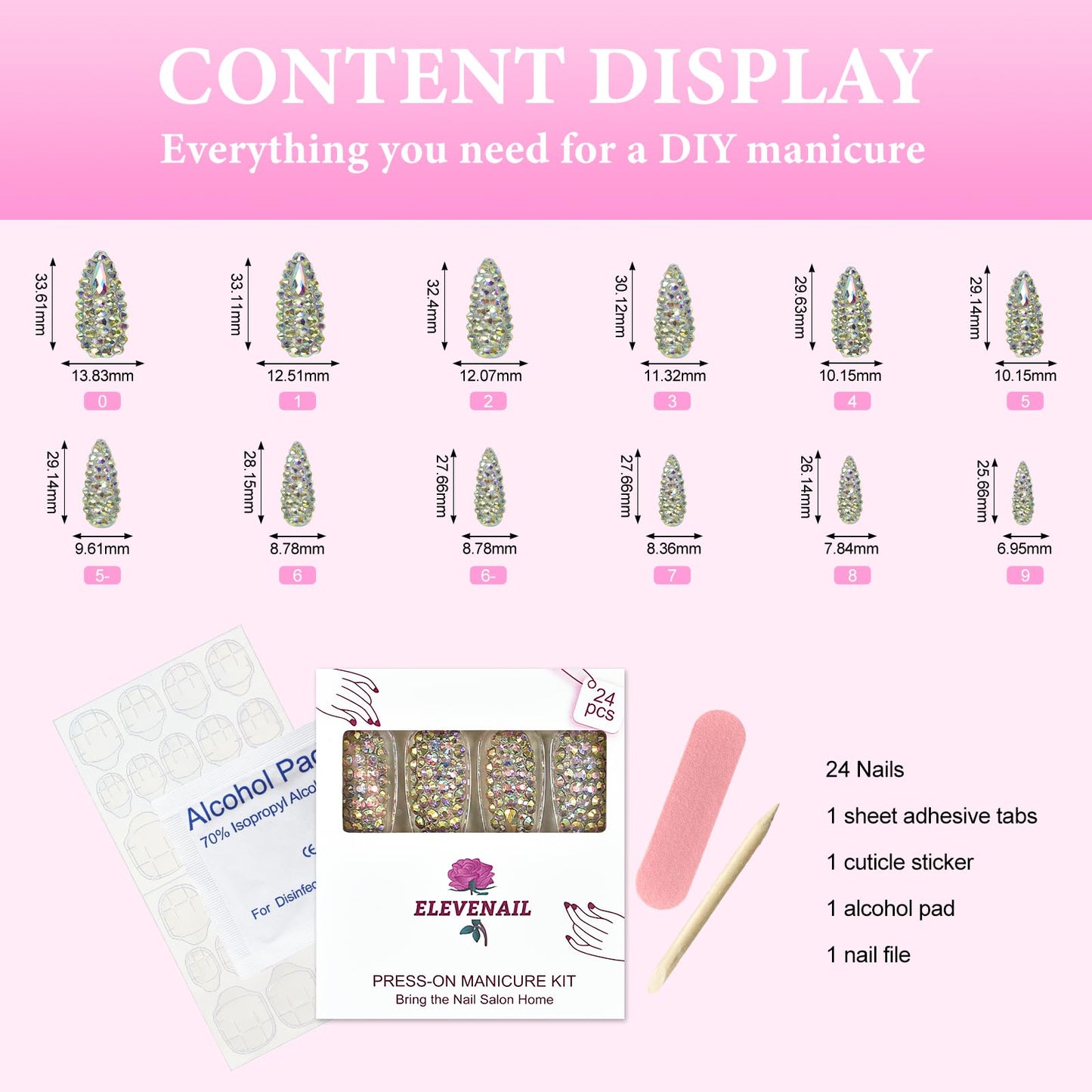 Elevenail Handmade Press on Nails Full Cover Luxurious 3D Crystal False Nails Super Extra Long Stiletto Diamonds Art Decoration Fake Nails Manicure Kit Nail Art Tips Gift for Women Girls Wedding Party