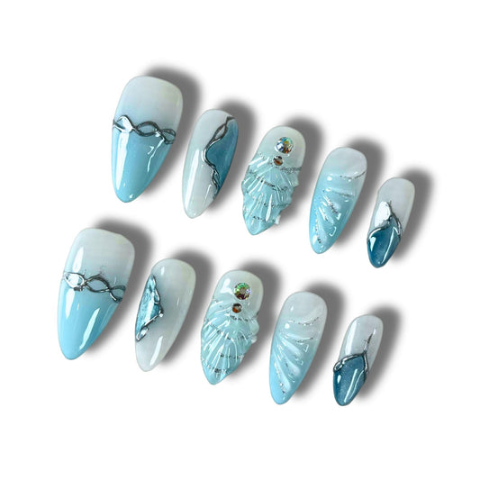 Yabonica Press On Nails Almond-Seashell 3D Handmade Nails Medium, Acrylic False Nails-Reusable Nature Stick On Nail,10pcs Lasting Salon Design Blue French Tip Fake Nail for Woman Girls Gift (036M)