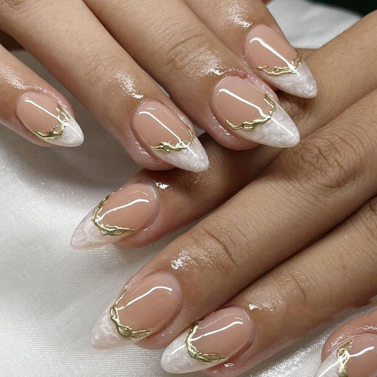 Taoyisent 3D Nude Pink Marble French Press On Nails with Gold Accent, Elegant Almond Shape Fake Nails for Women, Glossy Gradient Design, Easy to Apply, 24Pcs Nail Kit