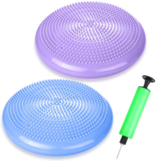 Silipull 2 Pcs Wiggle Seat Inflated Wobble Cushion Flexible Balance Disc with Air Pump for Core Stability Strengthening Improving Posture Physical Exercise(Macaroon Blue and Taro Purple)