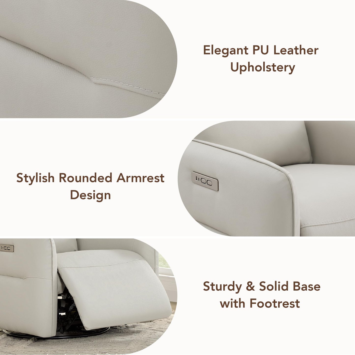 CHITA Faux Leather Power Recliner Chair, Swivel Glider Recliner for Adults, Nursery Rocking Chair with USB & Type-C Charging for Living Room, Bedroom, Creamy Grey