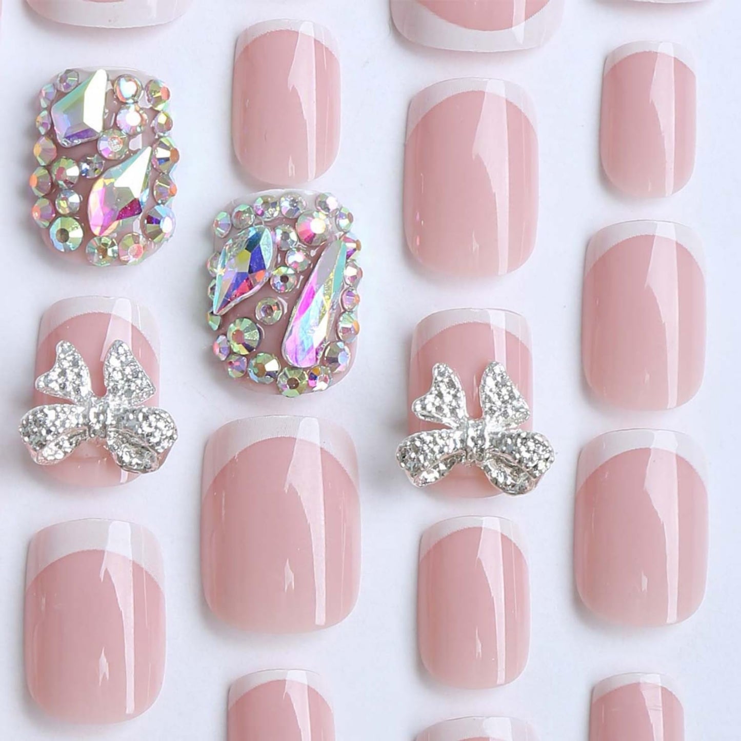 octoswave Press on Nails Short Square Fake Nails DIY3D Artificial Nail Bow Sparkly Rhinestones Charm Stick on Nail for Women 24pcs