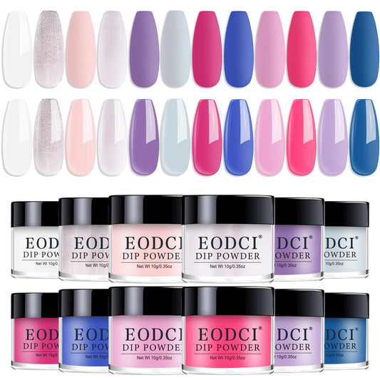 Eodci 12 Colors Nail Dip Powder Set, Hot Pink Blue Purple White Dipping Powder Kit, Shimmering Nude Glitter Nail Art Manicure Salon DIY for Daily at Home Party Gifts for Women