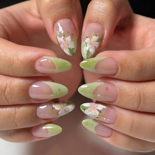 24Pcs Green French Tip Press on Nails Medium Almond Flower Fake Nails with Colour Star Glitter Design Spring False Nails Full Cover Artificial Glue on Nails Glossy Stick on Nails for Women Manicure