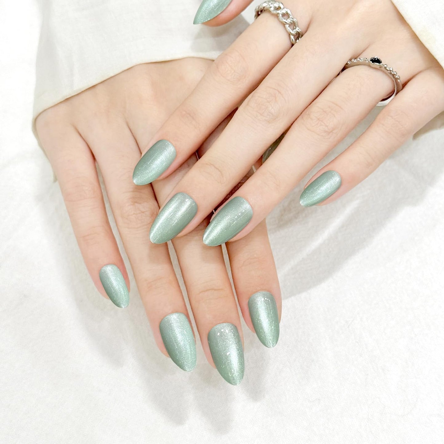 Green Almond Cat Eyes Press On Nails,12 Sizes - 24 Pcs Soft Gel Green Medium Fake Nails Kit with Nail Glue, Natural Reusable Stick On False Nails for Women and Girls SK1026