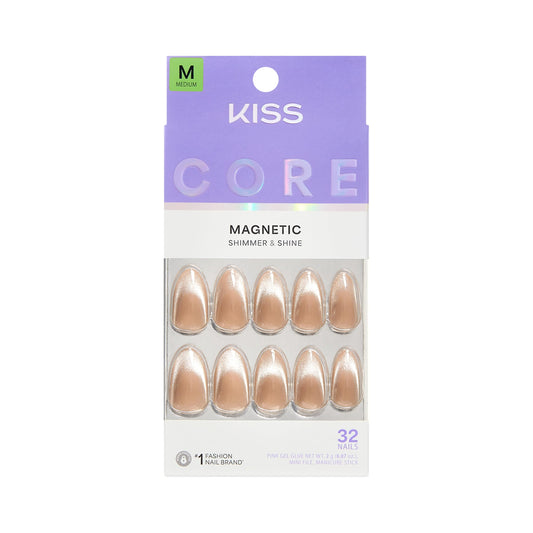 Kiss Core, Press On Nails, Nail glue included, 'Amazon Falls', Beige, Medium Size, Almond Shape, Includes 32 Nails, 2g Glue, 1 Manicure Stick, 1 Mini File