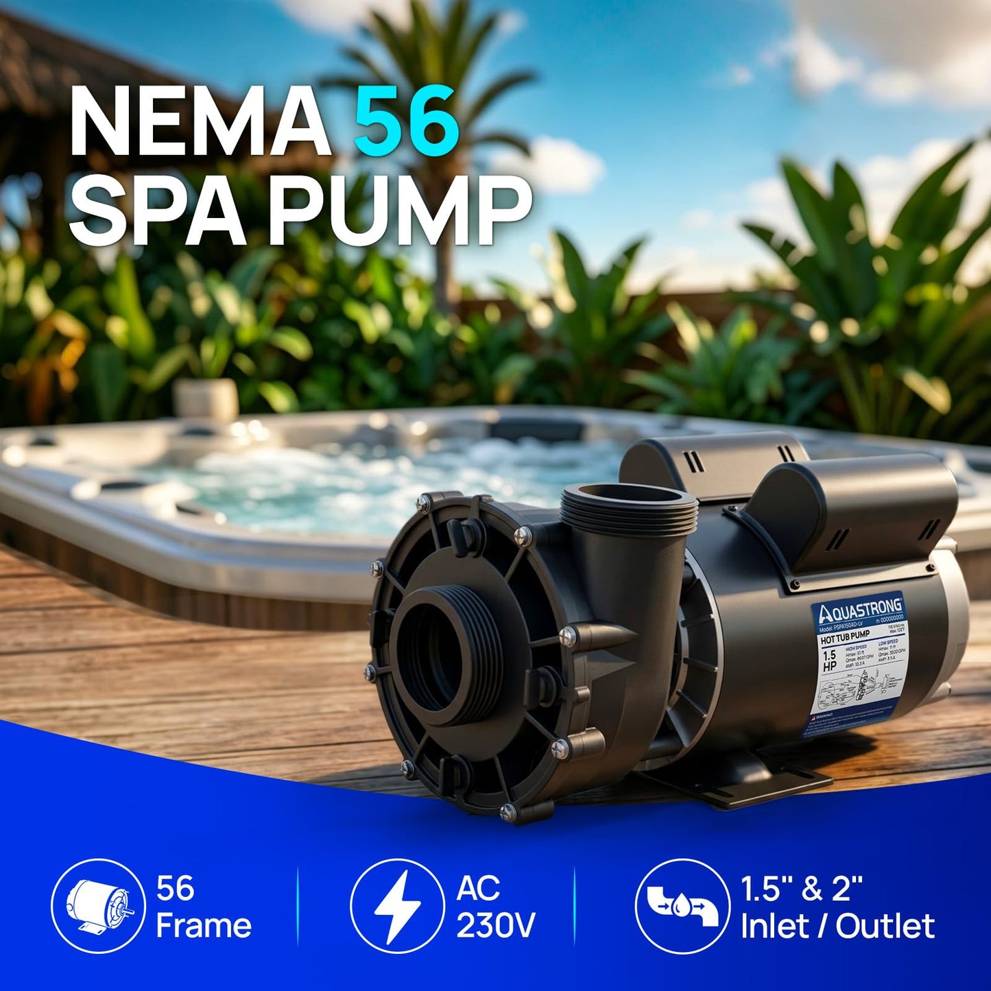 Aquastrong SPA Pump, Dual Speed Hot Tub Pump, Pure Copper Motor, Low Noise, Easy Installation with 1.5" & 2" Adapters, 90° Rotating Inlet & Outlet, Compatible with Hot Tubs & Spa Systems, Matte Black