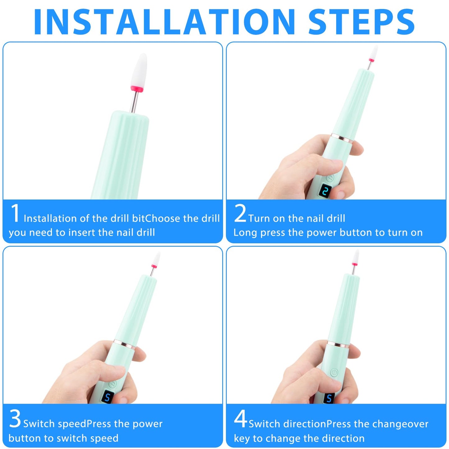 Cordless Electric Nail Drill with 360° Ring Light, Portable Nail File Kit for Acrylic, Gel Nails, Portable Home Manicure Kit for Manicure and Pedicure(Turquoise)
