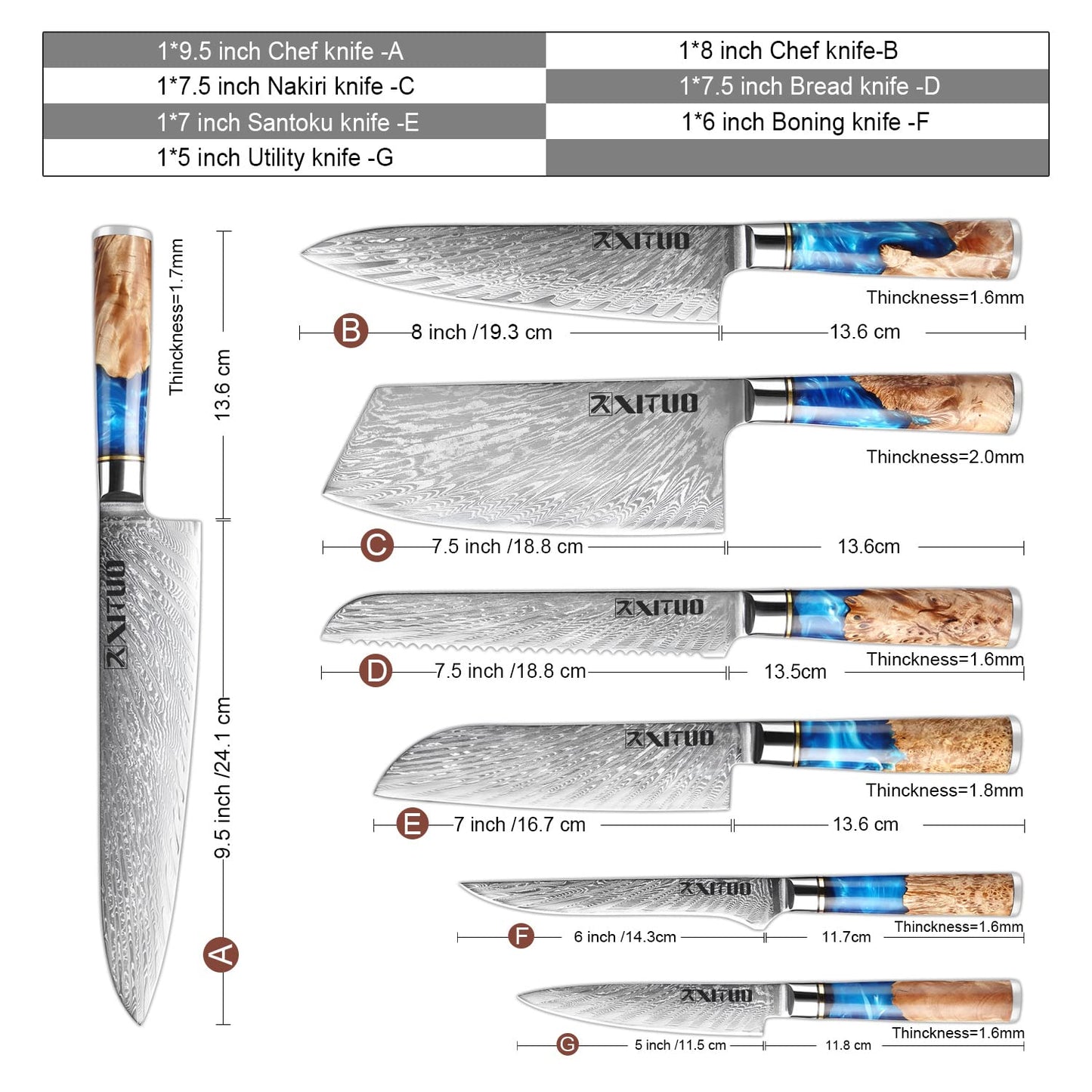 XT XITUO Kitchen Chef Knife Set 7 Piece, Chef Knife, 8'' Bread Knife, 7''Santoku knife Damascus Steel-VG10 Blue Resin Wood Handle -Gift Box - w/knife Sheath (7PC Chef Knife Set)