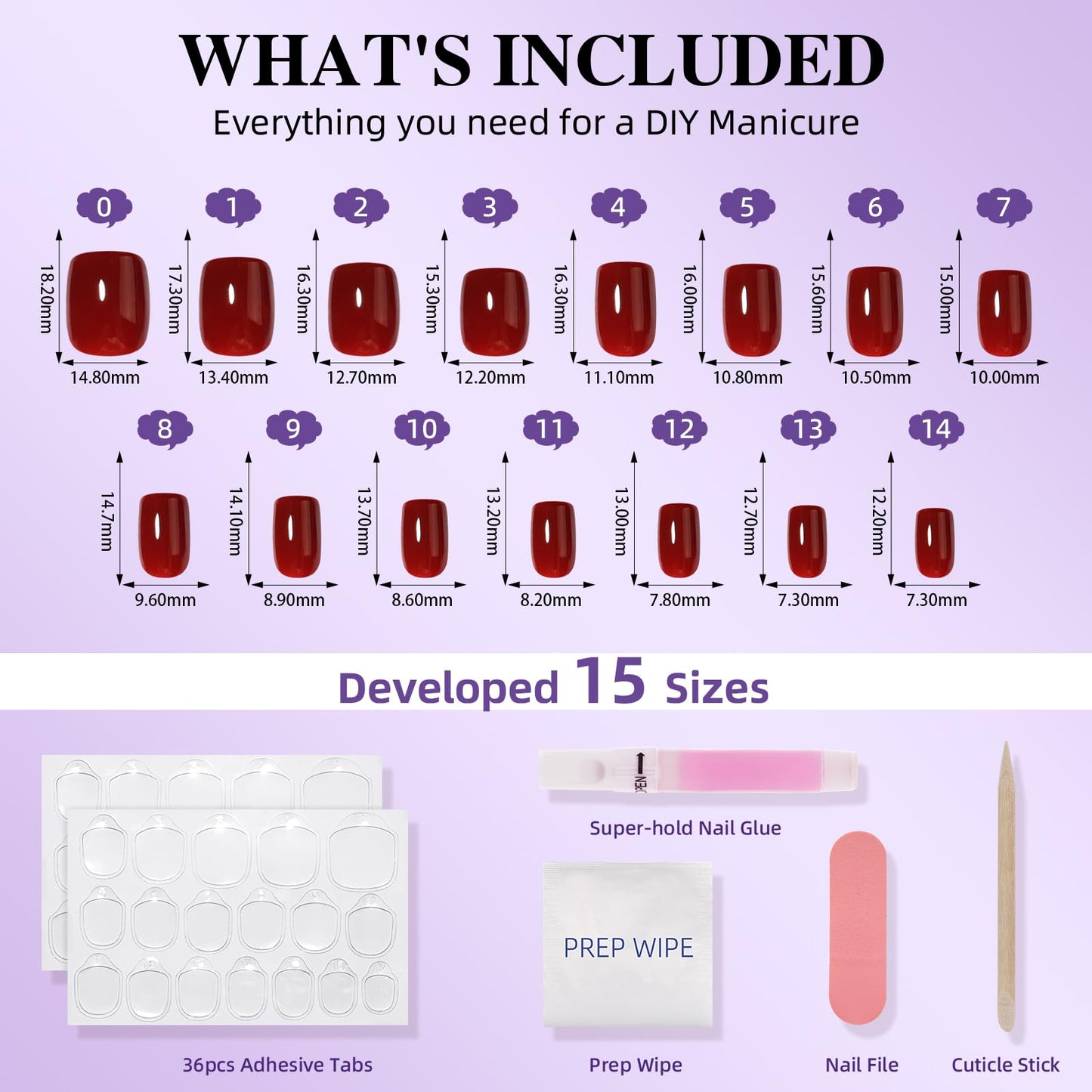 Dark Red Press On Nails - Short Square Burgundy Press On Nails for Women, Reusable Stick On Nails in 15 Sizes - 30PCS Glue On Nails Kit