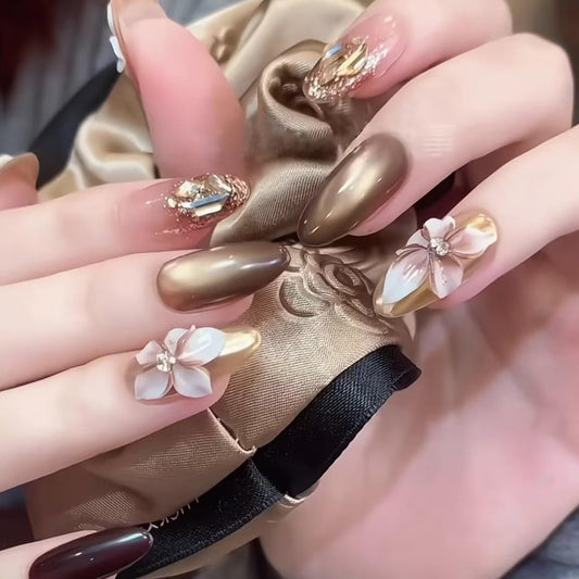 30Pcs Flower Press on Nails Medium Almond Fake Nails Artificial Acrylic 3D Floral with Rhinestones Glitter Spring Design Full Cover Glossy Stick on Nail Artificial Fingernails for Women Manicure