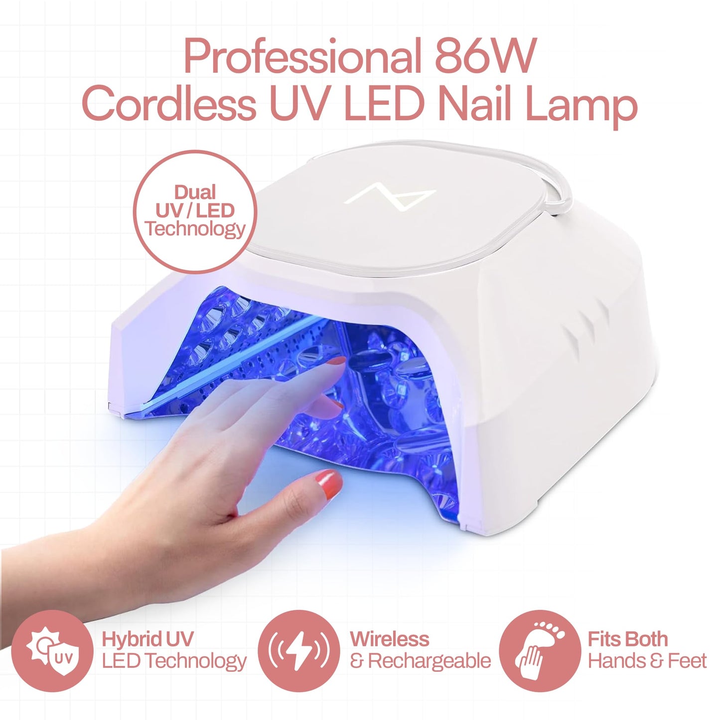 M - GlowPro Professional Hybrid 86W Wireless Rechargeable UV LED Nail Curing Lamp Cordless Nail Dryer for Gel Nails, Manicure, Pedicure (Red)
