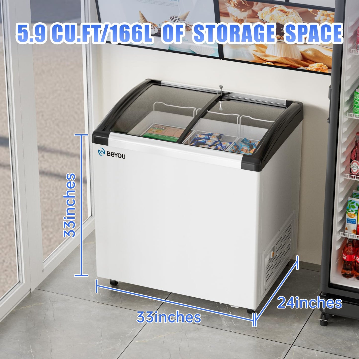 BEYOU 5.9cu Commercial Ice Cream Display Freezer- 3 Wire Baskets, 2 Sliding Display Glass Doosr, Mobile Top Deep Freezer for Shop Restaurant