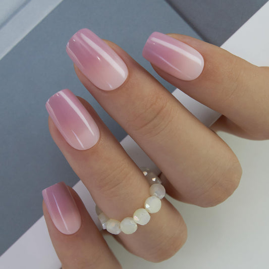CurvLife Press on Nails Gradient Pink Purple Short Square Acrylic Fake Nails with Apricot Design Full Cover False Nails Glossy Nude Glue on Nails Artificial for Women
