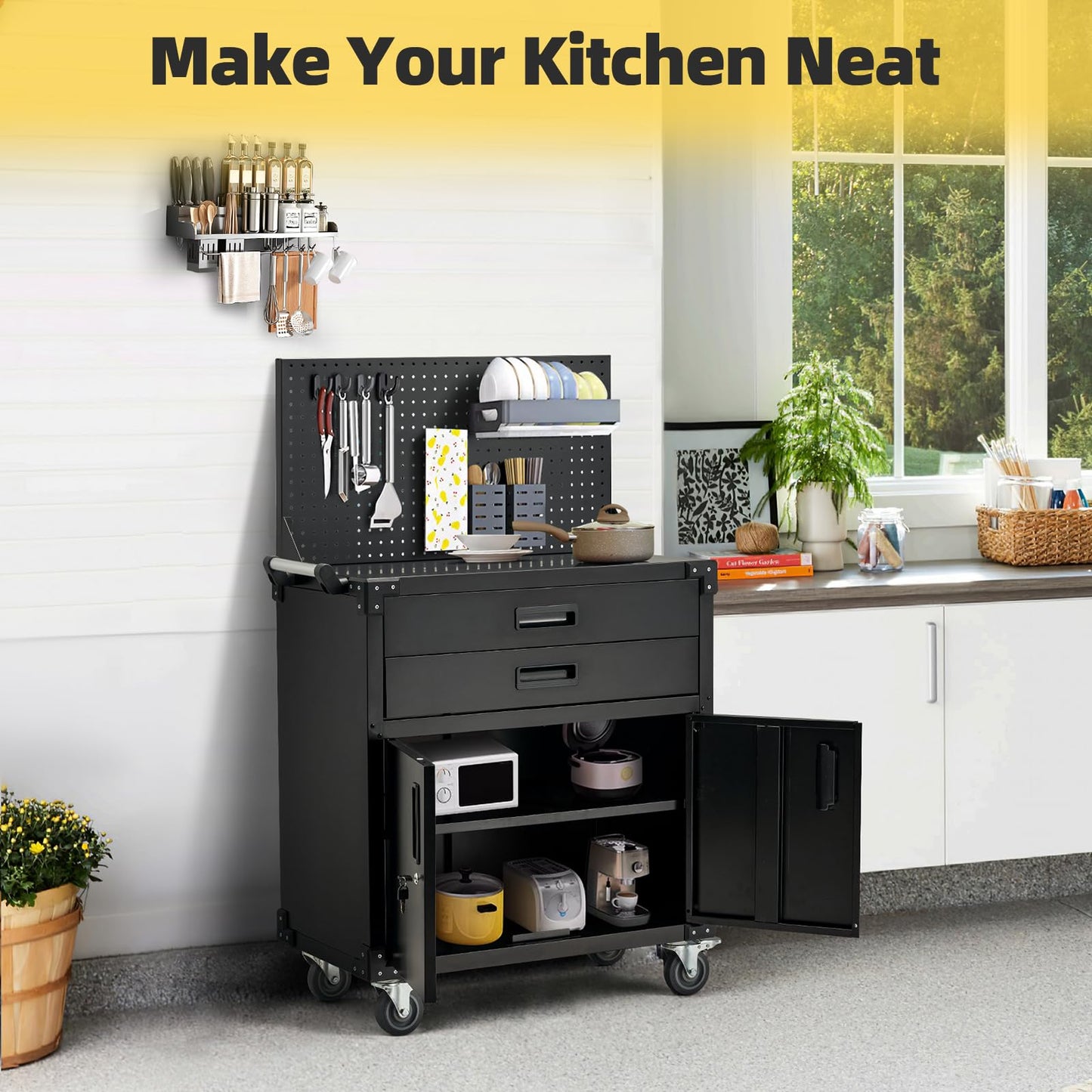 JFHID 52'' Work Bench for Garage with Pegboard Drawers and Cabinets Heavy Duty Metal Frame Tool Bench for Shop Kitchen Cabinets Organizer Work Table with Wheels