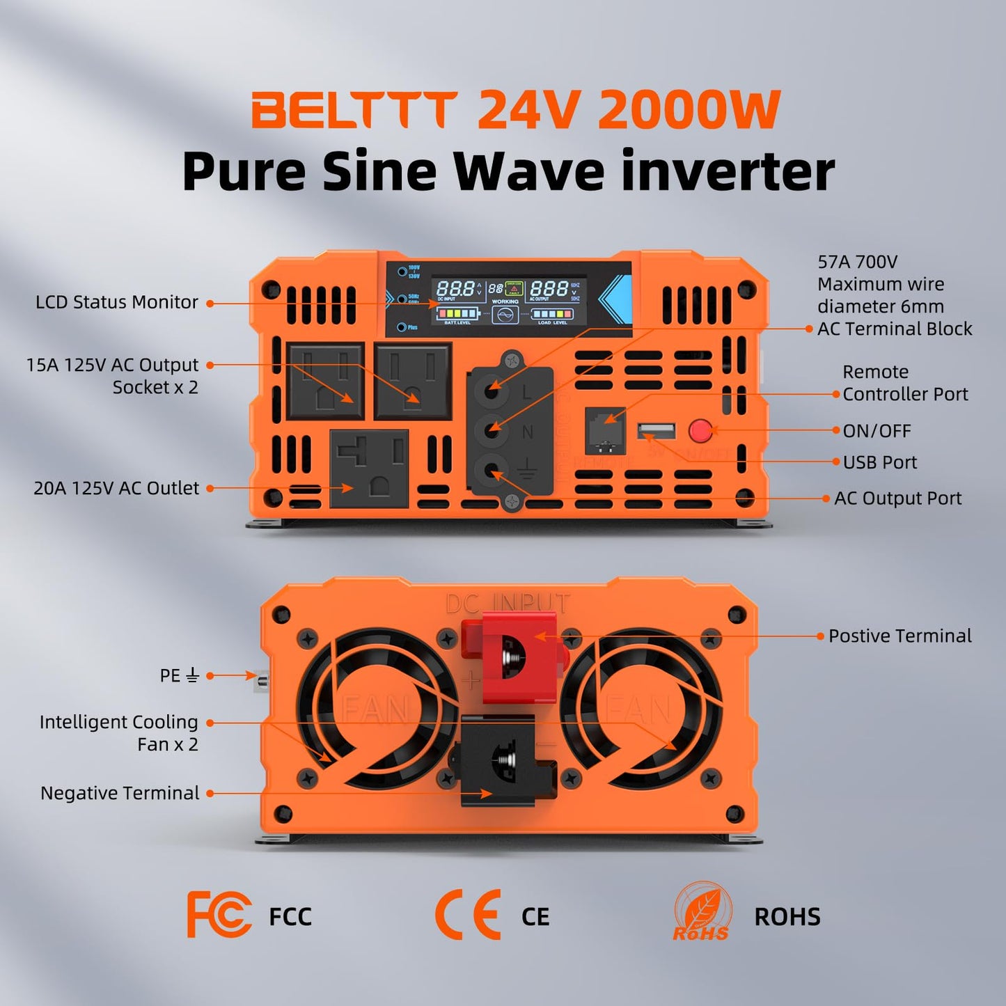 BELTTT 2000W 24V Inverter Pure Sine Wave Inverter 24V DC to 120V AC for Solar, Off-Grid, RV, Truck,Power Inverter, Dual AC and 20A Socket, 5V 2.1A USB, Hardwire Port, Remote Controller, Surge 4000W