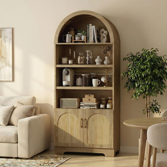 Bestier 71" Tall Arched Kitchen Pantry, Arched Cabinet with Doors, Modern Farmhouse Wood Kitchen Storage Cabinets with 3-Tier Adjustable Shelves for Living Room, Dining Room, Ktichen, Oak