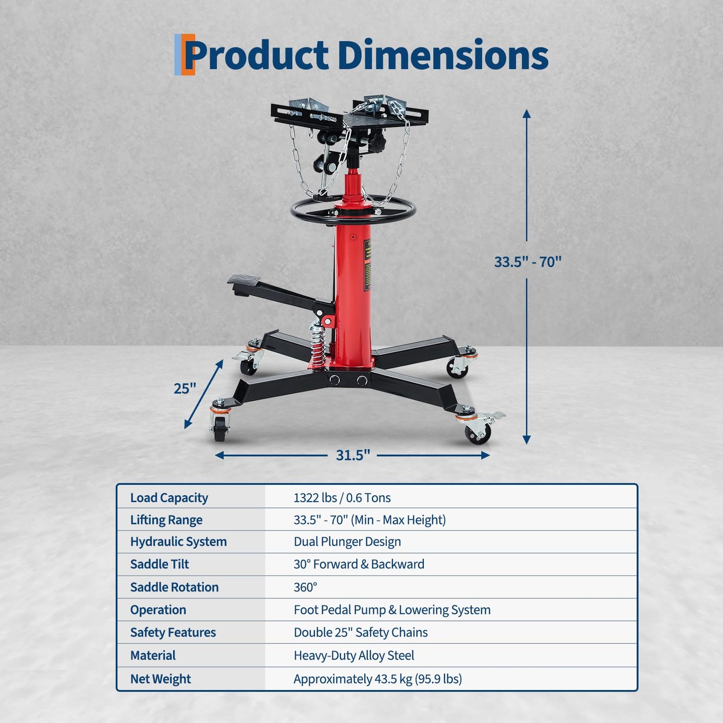 GarveeTech Hydraulic Transmission Jack, 1322 LB Capacity, High Lift Transmission Lift with Dual Plungers, 360° Rotation & 30° Tilting Saddle for Home Garage & Auto Shop, Red
