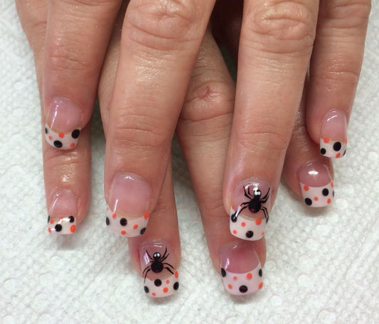 Halloween Press on Nail Short Square Fake Nails Full Cover French Tip with Polka Dot designs Cute Stick on Nail Spider Press ones Glossy Reusable Glue on Nails for Women Party Decor24pcs