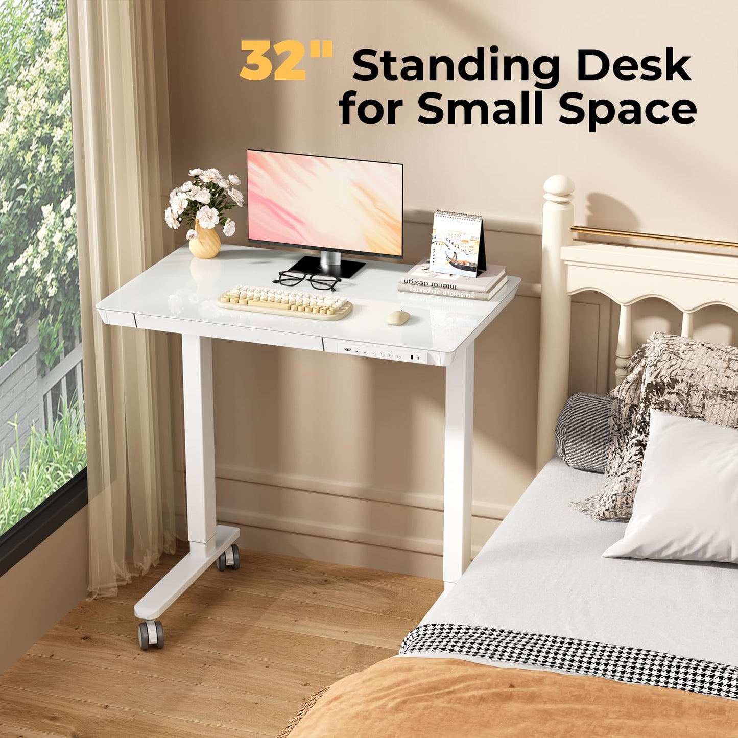 JYLH JOYSEEKER Glass Small Standing Desk with Drawer, 31.5" x 20" Whole Piece Electric Sit Stand Table, Height Adjustable Desk with Storage & USB Ports, Quick Install Home Office Computer Desk, White