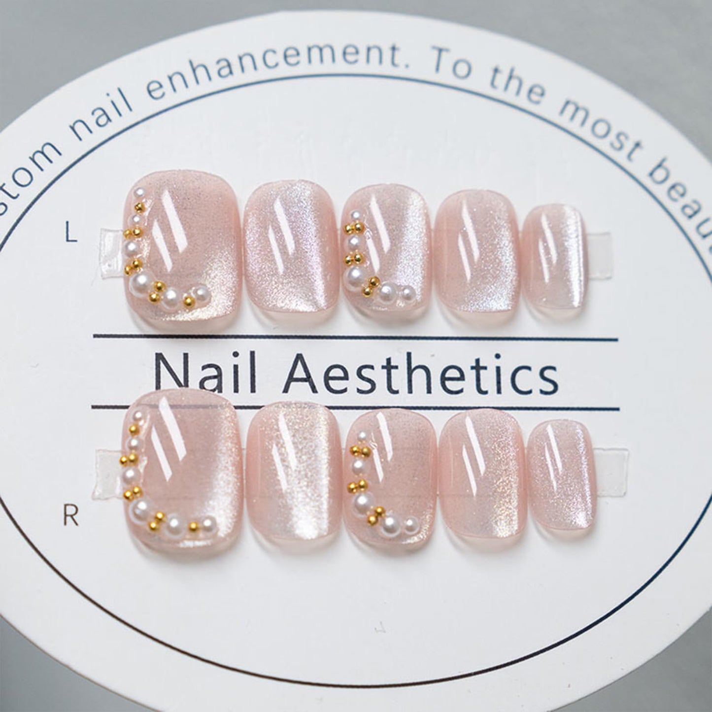 Short Square Press on Nails Nude Glitter Fake Nails Shiny Bling Acrylic False Nails with Design Pearl Rhinestone Glue on Nail Artificial Nails Stick on Nail for Women 24Pcs