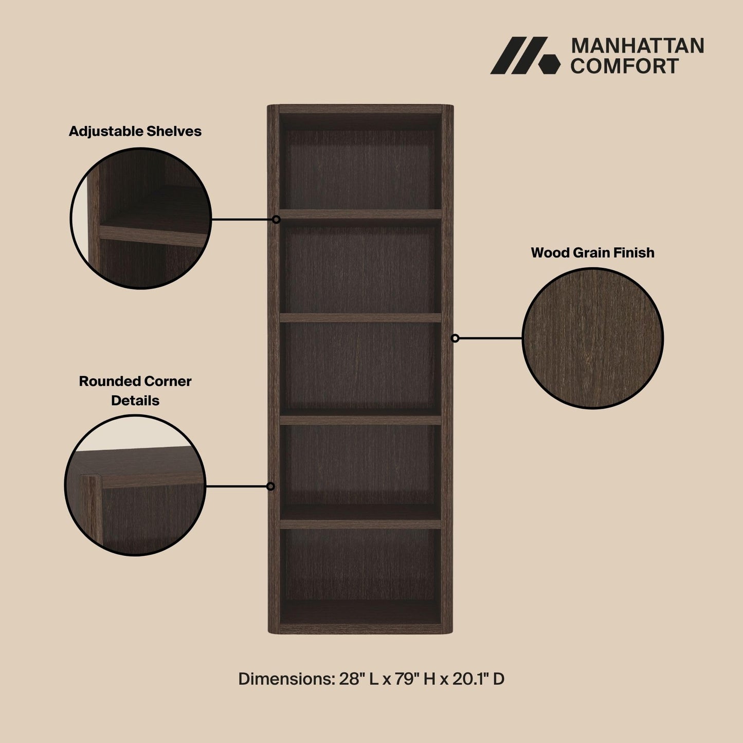 Manhattan Comfort Rivington 79" Tall Modern 5-Tier Bookcase, Open Shelving Storage Cabinet with Adjustable Shelves for Living Room or Home Office, Single Bookcase in Natural Oak