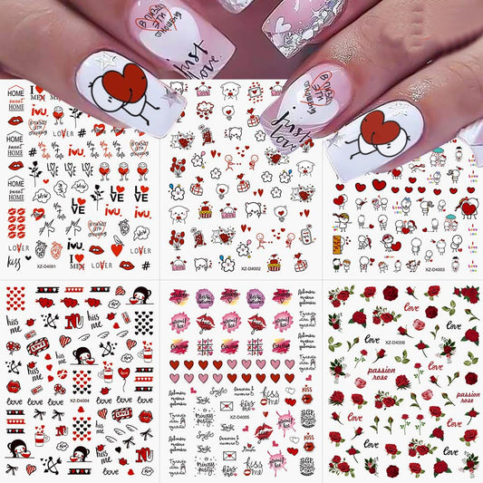 6 Sheets Valentine's Day Nail Stickers for Nail Art, 3D Self-Adhesive Rose Heart Nail Decals, Kiss Flower Love u Nail Supplies Nail Art Design Accessories for Women and Girls Manicure DIY Decoration