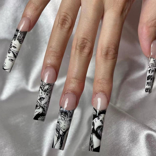 IMRAIN Press on Nails Long Square Fake Nails Black White French Tips, Anime Graffiti Artificial Stick on False Nails Full Cover Gel Acrylic Nails for Women Girls 24Pcs