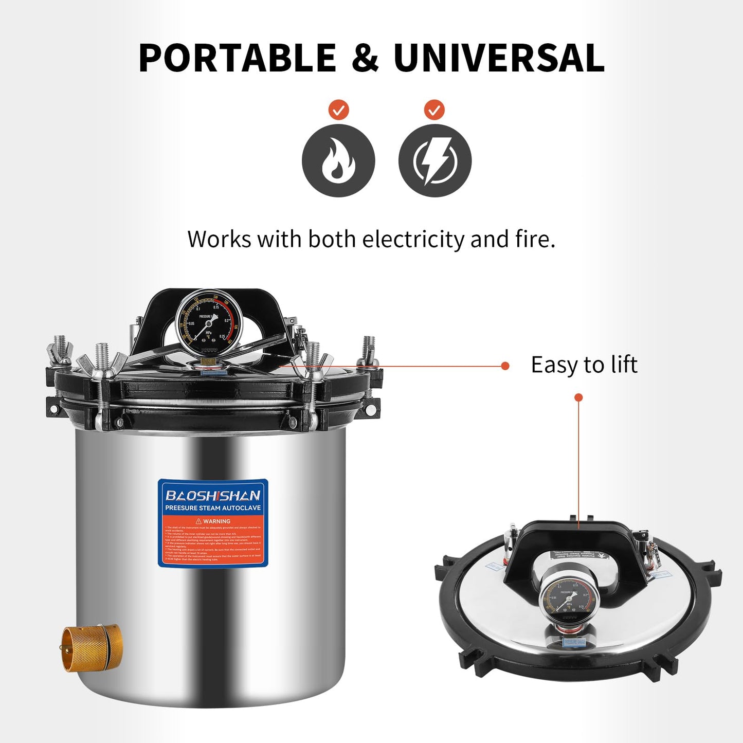BAOSHISHAN 18L Steam Autoclave 19 QT Stainless Steel Portable Pressure Autoclave 1KW 110V