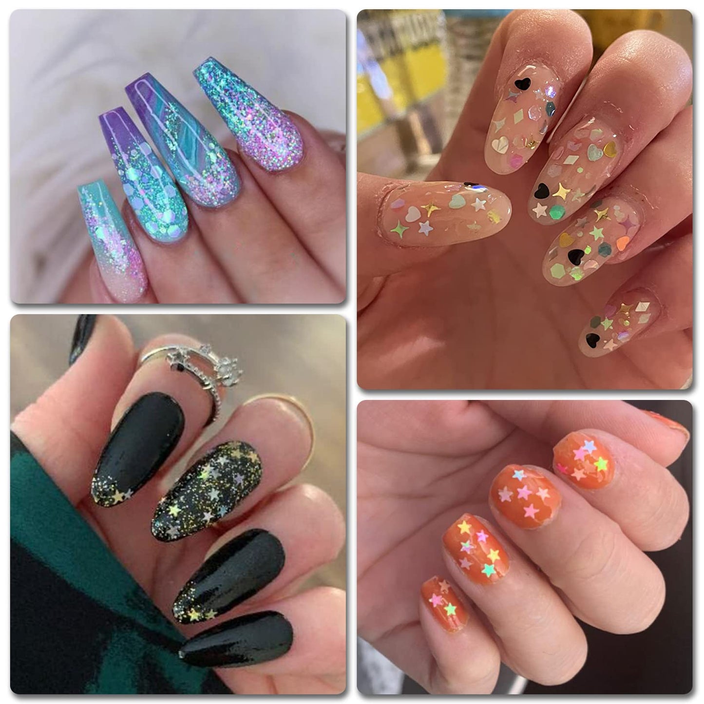 AddFavor 4 Boxes Nail Glitter Luminous Mermaid Chunky Glitter Flakes Fluorescent Mixed Shaped Flower Heart Star Nail Sequins Decals for Nail Art/False Eyelash Decor