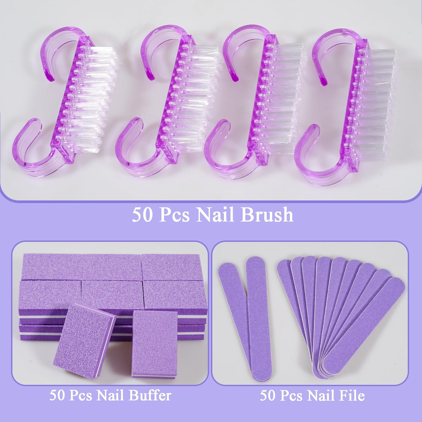 Disposable Manicure Kit Professional, 50 Set Press On Nail Tool Kit with Nail File, Nail Buffer, Nail Buffer Block, Nail Handle Brush, Wood Stick, Packaging Bag (Purple-50pcs)