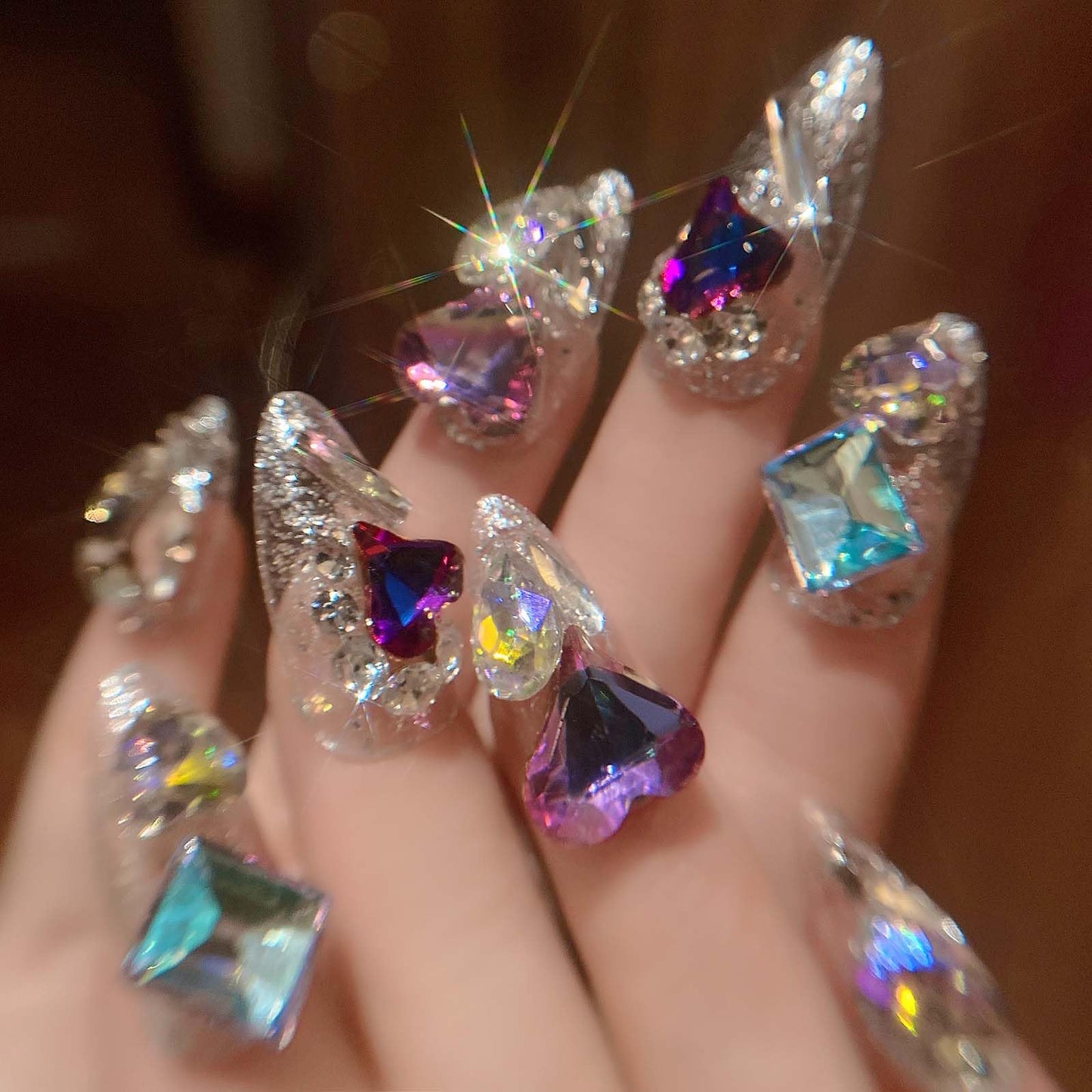 QQPPOLIU Almond Press on Nails Medium False Nails Stiletto Handmade Glue on Nails with 3D Big Jewel Rhinestones Designs Full Cover Nails Silver Glitter Press Ons Gift for Mother's day (Transparency)