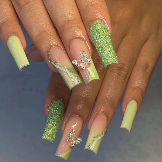 MISUD Press on Nails - Long Coffin Glue on Nails with Green, Acrylic Butterfly Rhinestone Design 24 pcs