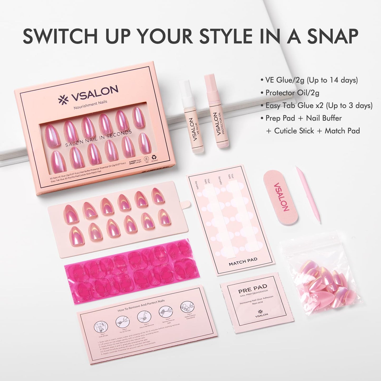 VSALON Press on Nails Short Almond - Pink Cat Eye Chrome Fake Nails Kit for Women, Spring Reusable Aurora Effect Opaque Holographic Summer Glue on Nails - 32 PCS Stick On Nails in 16 Sizes